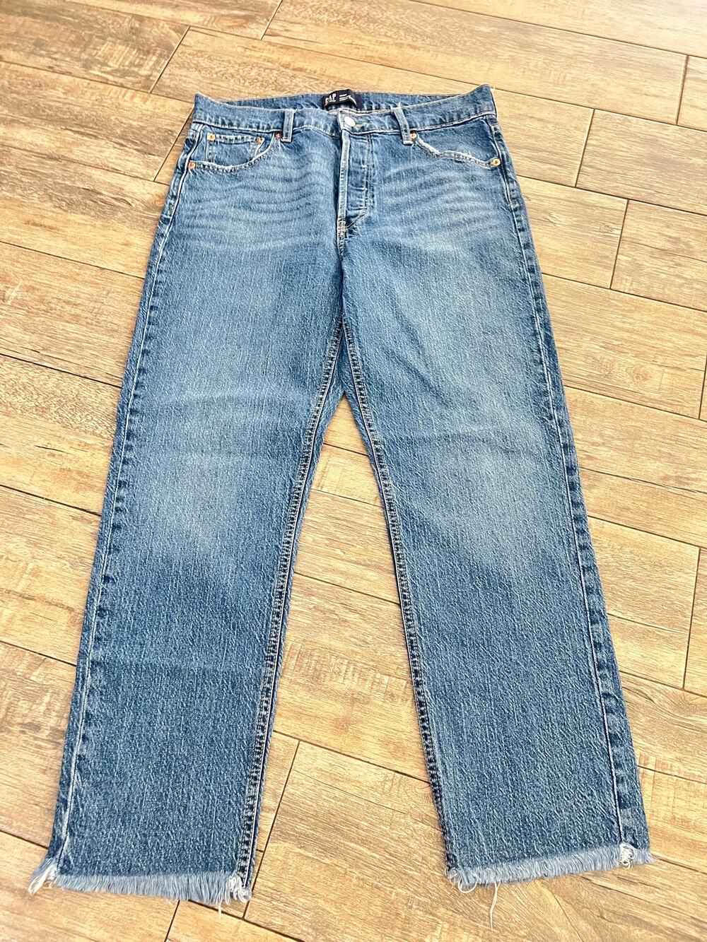 Gap Jeans Size 12 Blue Denim High-Rise Frayed Hem Cheeky Straight Leg Zip Fly